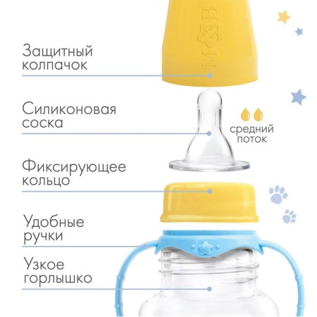 A bottle for feeding "Trend. Dogs ”, classic throat, 250 ml., 3 months, cylinder, with handles, blue color-1