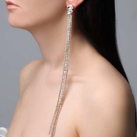 Hanging earrings with rhinestones "Waterfall" oval 3 threads, white color in gold, 32 cm-4