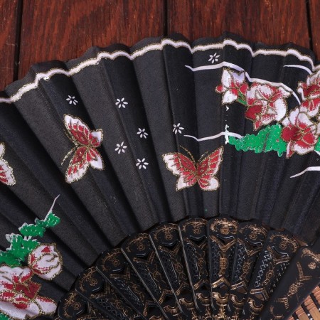 Fan plastic, textiles "field flowers" sparkles gold mix 23 cm-1