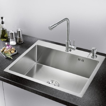 Kitchen sink "RMS" MR-6050, mortise, thickness 3.0 and 1 mm, basket, dispenser, satin-2