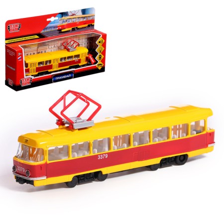 Metal machine "tram", light and sound effects, doors open, inertial, 18 cm