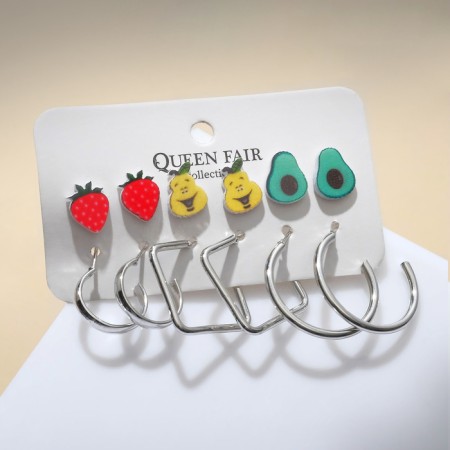 Set of earrings 6 pairs "Assorted" strawberries, pear and avocado, colored in silver-1