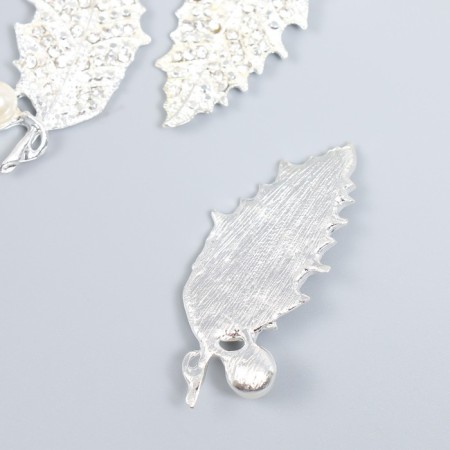 Decor for creativity Metal, plastic "Leaf with pearls and rhinestones" silver 5.5x2.2 cm-1
