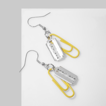 Earrings Metal "blade" with a paper clip, yellow color in silver-1