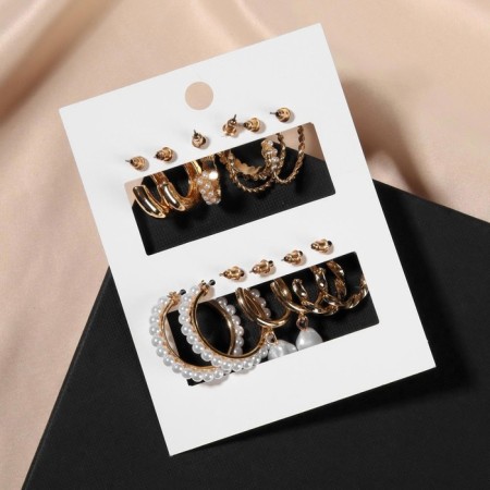 Road earrings set 6 pairs "pearl" with pendants, white color in gold-2