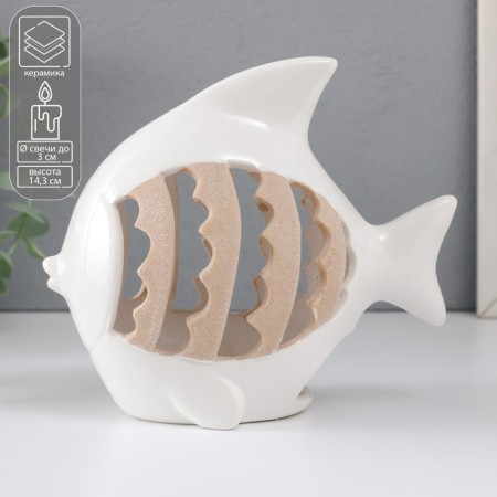 Ceramics candlestick for 1 candle "fish with patterns" white 15.7x8.8x14.3 cm