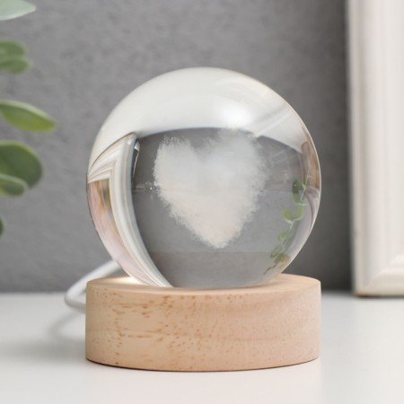 Souvenir glass backlight "Cloudy heart" d = 6 cm stand wood, usb 6.5x6.5x7.5 cm-2