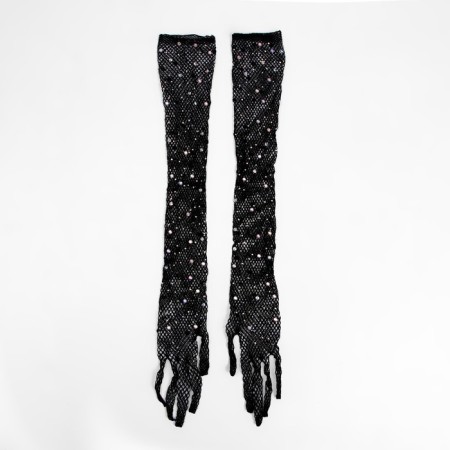 Carnival gloves, black color with rhinestones, long-4