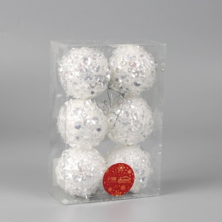 Set of balls plastic D-7 cm, 6 pcs "Alvaro" sequin, white-1