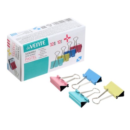 Paper clamps 32 mm, 12 pieces, Devente, metal, mix x 4 colors, cardboard box