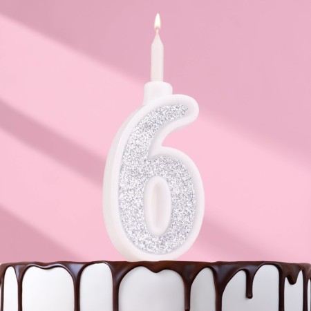 Candle for Cake "Super Blood", 10.4 cm, number "6", silver sparkle