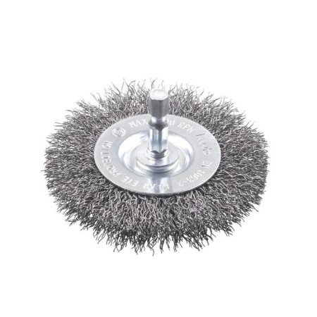 The flat brush for the drill is kwb, d = 75 mm, wire d = 0.35 mm, shank d = 6 mm, steel HSS