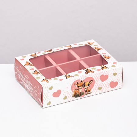 Box for sweets 6 pcs, white-pink "deer", 13.7 x 9.85 x 3.86 cm-1