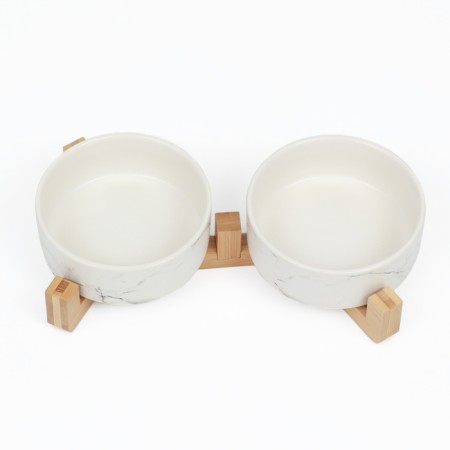 Double ceramic bowls on a stand of 2 x 450 ml 28.5 x 15.5 x 7 cm, marble-2