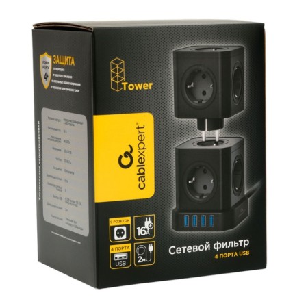Network filter Cablexpert Twr-9-U4-B-2, 9R, 16A, 4xUSB, 3.1A, 2M, Ur. Protection 4+, black-4