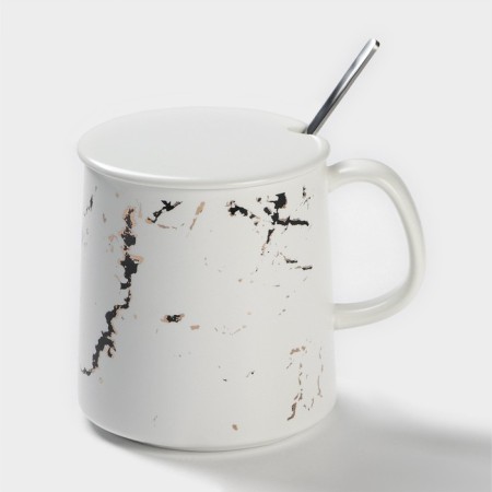 Ceramic mug with a spoon "White Marble", 350 ml, white color