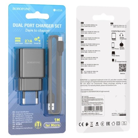 Network charger Borofone BA53A, 2XUSB, 2.1 A, MicroUSB cable, 1 m, black-4