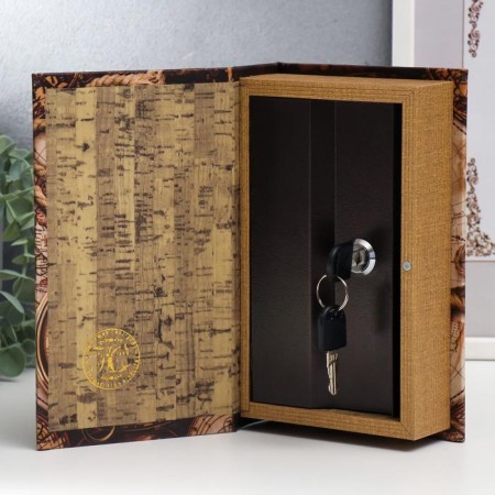 Safe-book wood, leatherette "Old cards and gold compass" 21x13x5 cm-2