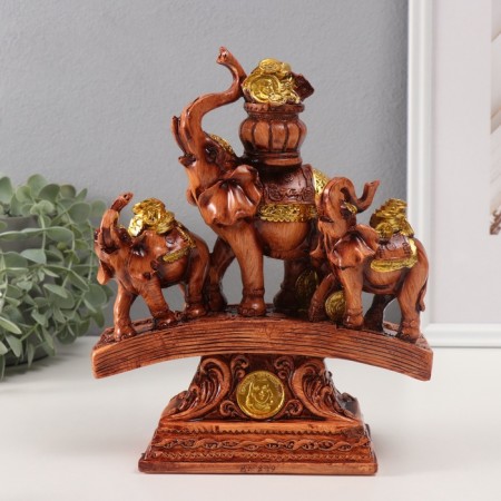 Souvenir Polystone "Three Cash Elephants on a But with Coins" under a tree 24.5x19.5x7.8 cm