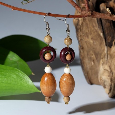 Handmade earrings, wooden "oil" with circles, color mix-1