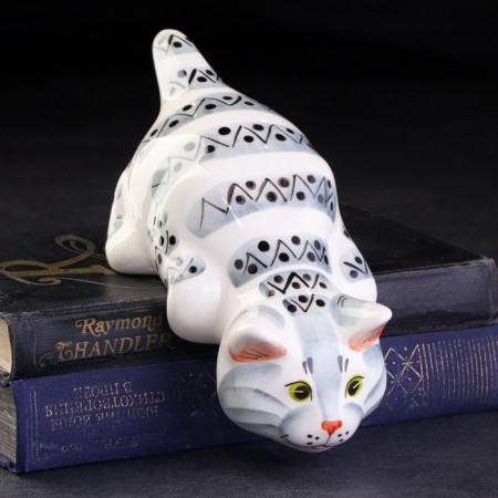 Porcelain figurine "Cat Barsik", gray-striped, 20 cm