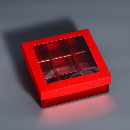 Box for 9 sweets red glitter, 12.5 x 12.5 x 4 cm. Confectionery packaging
