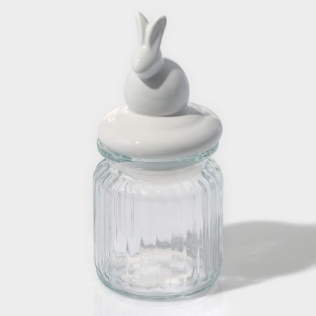 Glass Bank for bulk products with a ceramic lid of the bunny, 230 ml