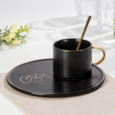 Tea couple ceramic with a spoon "Silhouette", 2 items: 260 ml mug, plate d = 19.6 cm, MIX drawing-6