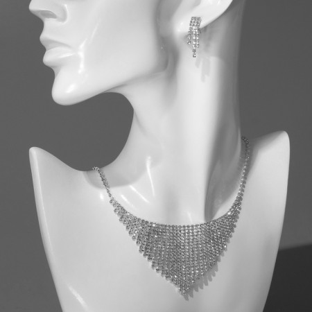 Set 2 objects: earrings, necklace “sparks” grid, white color in silver, 30 cm-2
