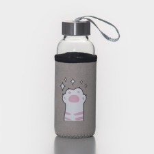 A glass bottle in a “paws” cover, 300 ml, h = 17 cm, pink color