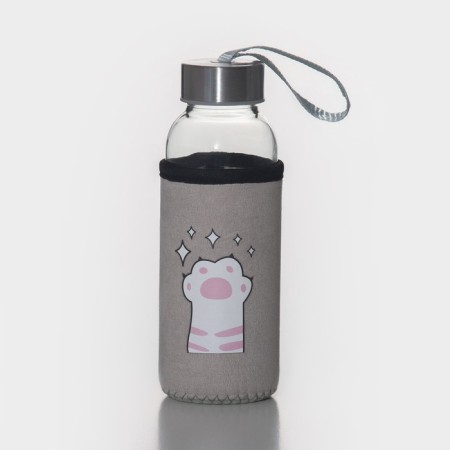 A glass bottle in a “paws” cover, 300 ml, h = 17 cm, pink color
