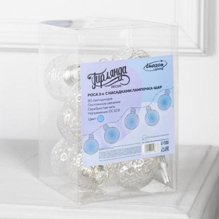 Garland “thread” 3 m with nozzles “ball bulbs”, ip20, transparent thread, 80 LED, glow blue, 8 modes, 220 V-4