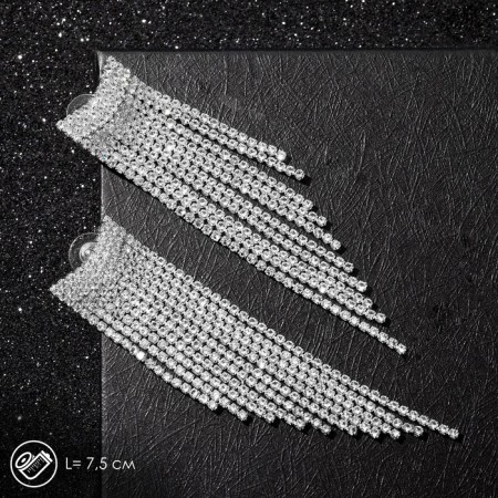 Hanging earrings with rhinestones "Waterfall" Rook, white color in silver, 7.5cm