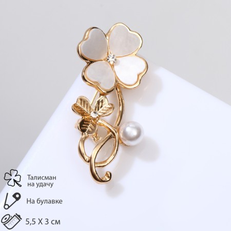 Brooch "Flowers" clover with bead, white color in gold