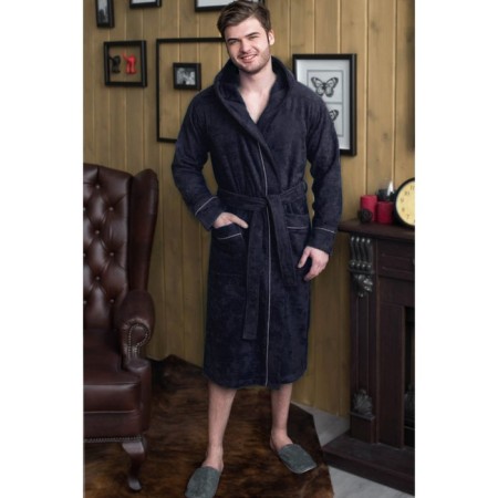 Male dressing gown with a hood, size 50, dark blue color, Makra