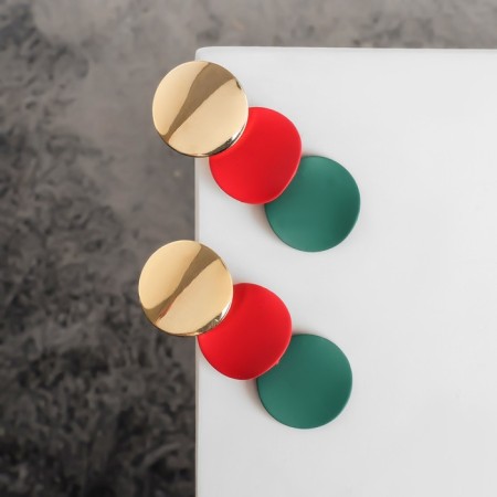 Azelia metal earrings curved circles, red-green color in gold-4