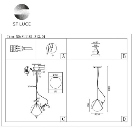 STL LUCE Sus. SL1181.313.01. Acerra. 1x40 watts, E27, 65x65 cm, brass color-5