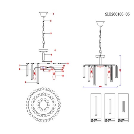 Suspended EVOLUCE lamp. Sle260103-05. Reggio. 5x40 watts, E14, 55x55x45 cm, Shampan-7