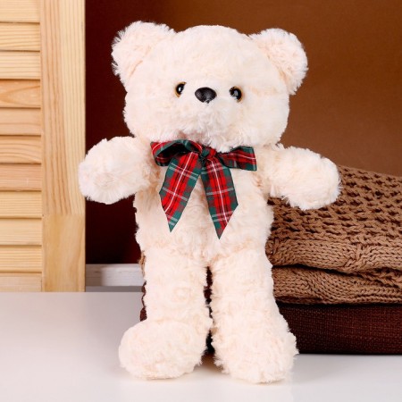 Soft toy "Bear" with a checkered bow, 30 cm, white color-1