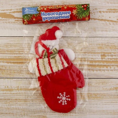 Soft suspension "mittens - a snowman, shiny stripes" 20x10 cm, red-1