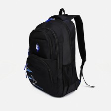 A backpack with a zipper, 3 outer pockets, black/blue color