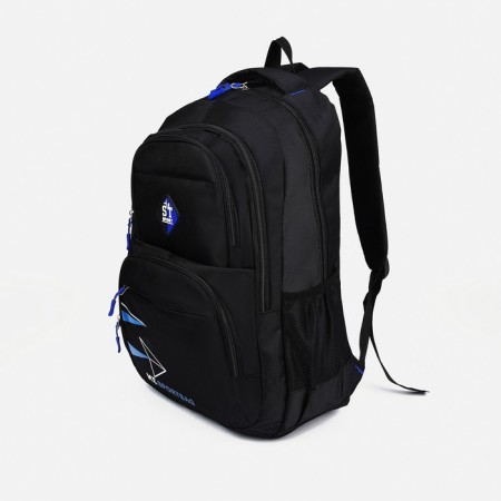 A backpack with a zipper, 3 outer pockets, black/blue color