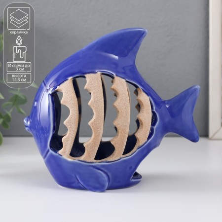 Ceramics candlestick for 1 candle "fish with patterns" blue 15.7x8.8x14.3 cm