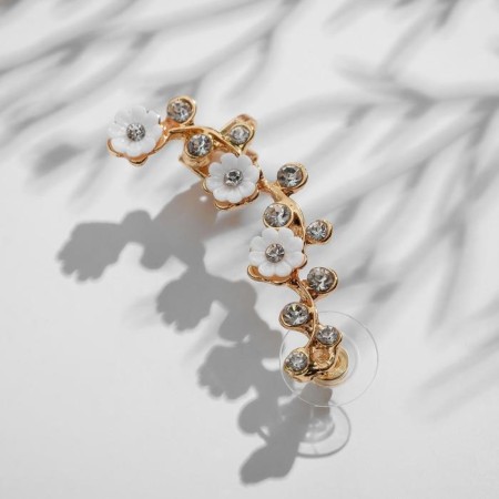 Earring "caffe" chamomile with rhinestones, white color in gold, l = 5 cm-1