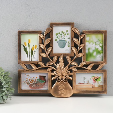 Photo frame plastic in 5 photos 10x15 "Money tree bag" Dark gold 45x38.5x2.5 cm