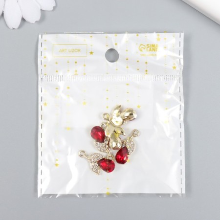 Decor for creativity metal, rhinestones "Two leaves with crystal" gold, red 1.1x2.1 cm-3