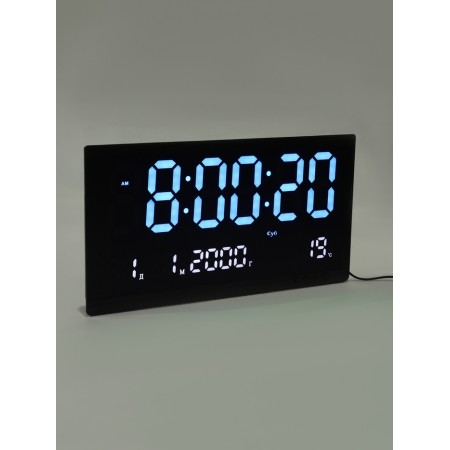 Electronic wall clock, calendar and thermometer, 47.5 x 25.3 cm, blue numbers 10.8 x 5.3 cm 10766-3