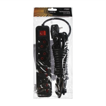 Удлинитель Luazon Lighting, 2 евро+2 унив.роз., 5 м, 2200 Вт, 2х0.5 мм2, с выкл., черный-3