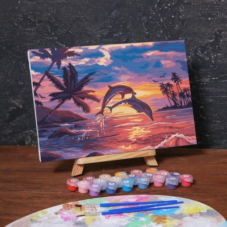 Picture on numbers on canvas with a subframe of "Dolphin game" 20x30 cm-2