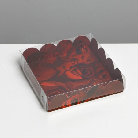 Cookie box, confectionery packaging with PVC lid, "roses", 13 x 13 x 3 cm